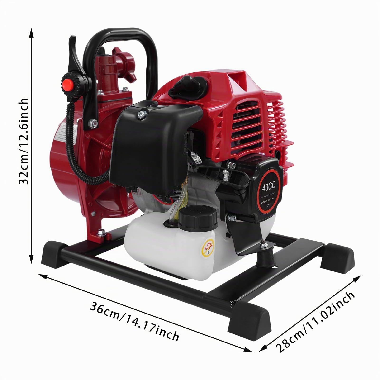Pompa dell'acqua a benzina, 2 tempi, 1 pollice, 1,25 kW, 10 m³/H, 98 m, altezza di mandata, pompa sommergibile, pompa da giardino, pompa a benzina con tubo di ingresso da 6,56 m, colore rosso