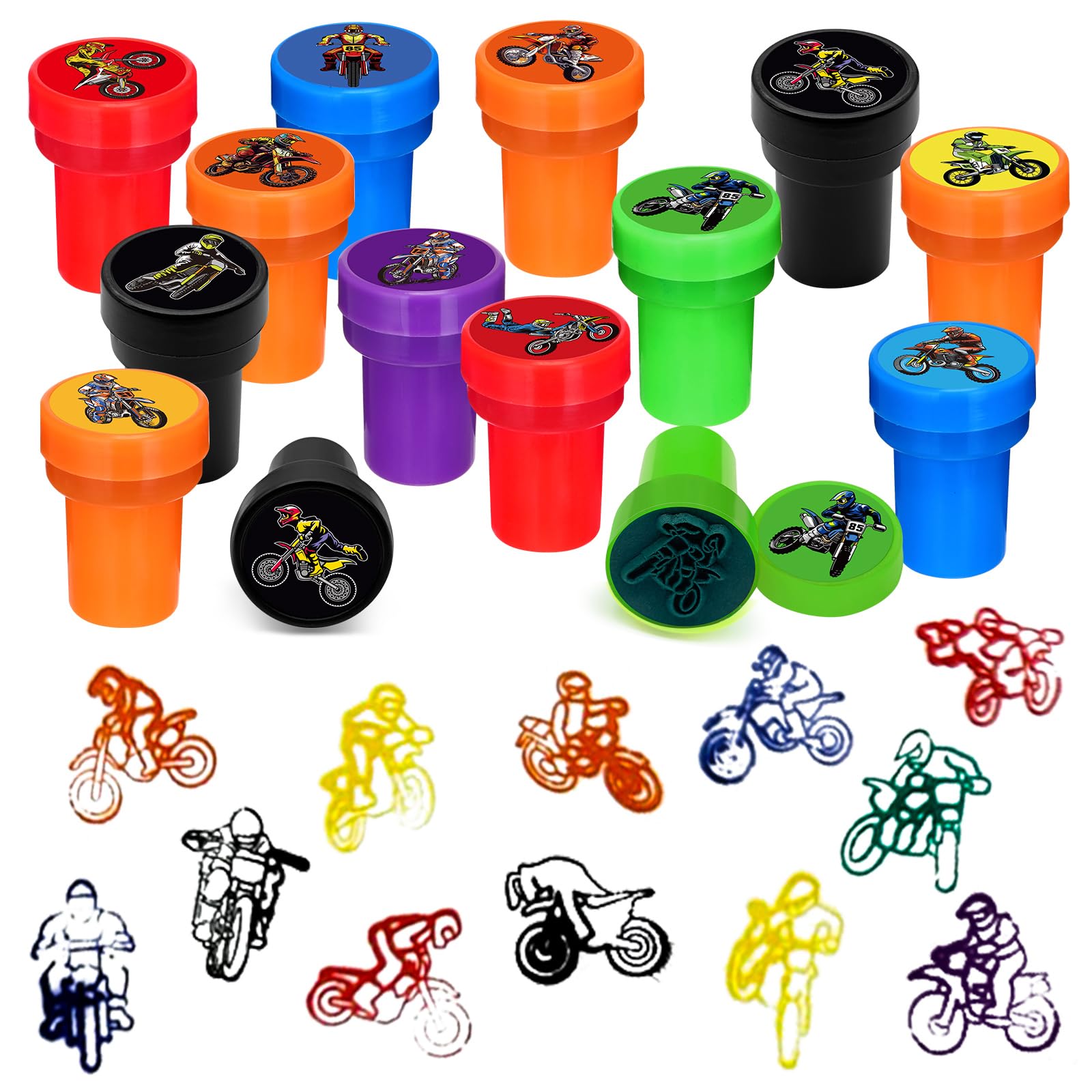 24 PCS Dirt Bike Party Stampers – Motocross Birthday Favors, Racing Goodie Bag Fillers, Cross Country Motorcycle Party Supplies, Classroom Rewards, Pinata & Carnival Prizes for Boys Girls