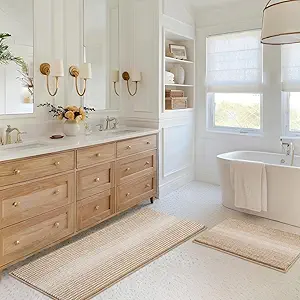 BSICPRO Bathroom Rugs and Mats Sets, 2 Piece Thick Absorbent Chenille Bath Mat Rug Set Non Slip, Soft Shaggy Bath Floor Mats for Bathroom, Machine Washable (20" x 47" Plus 16" x 24", Beige)