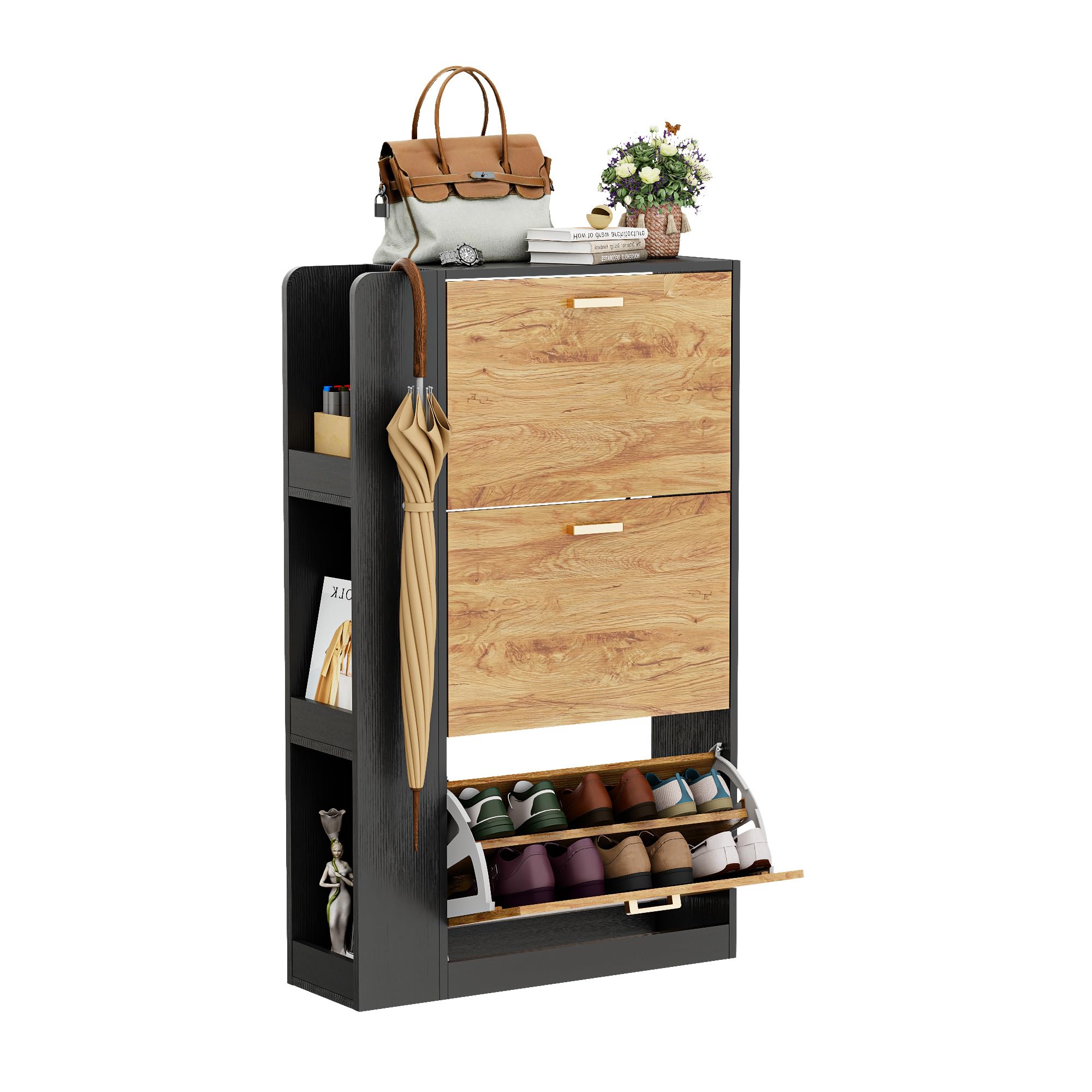 Scarpiera Salvaspazio Slim con 3 Ante e Telaio Laterale Aperto 3 Strati, Scarpiera Stretta con Maniglie, Scarpiera con Divisori Regolabili per Ante, Corridoio e Soggiorno (73.5x118x24 cm, Nero)