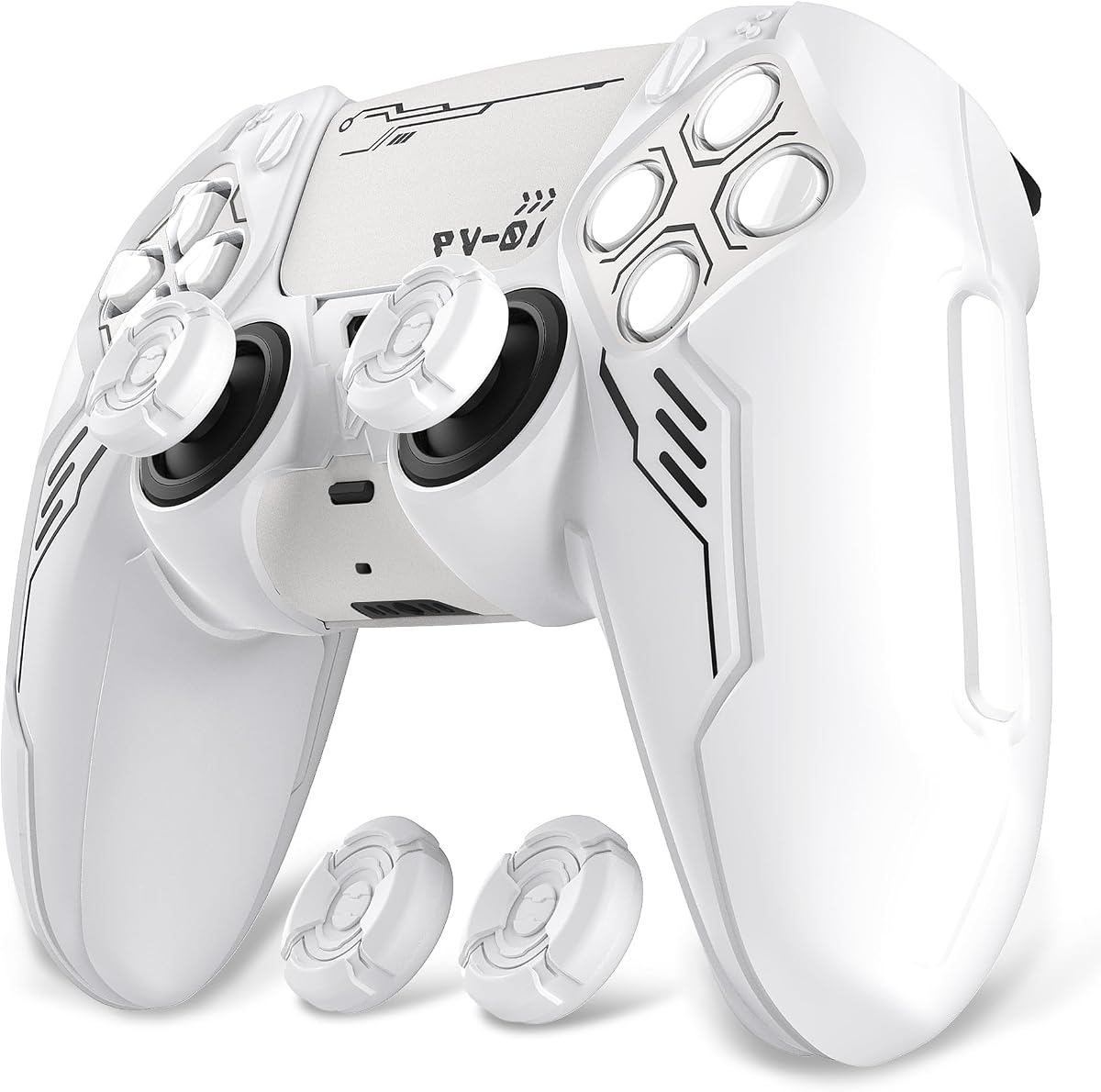 PlayVital Mecha Edition Silicone Cover Compatible with ps5 Controller with 2 Joystick Caps and 6 Stickers, Shockproof Non-Slip Grip Protector Accessories, Fits for ps5 Charging Station - White