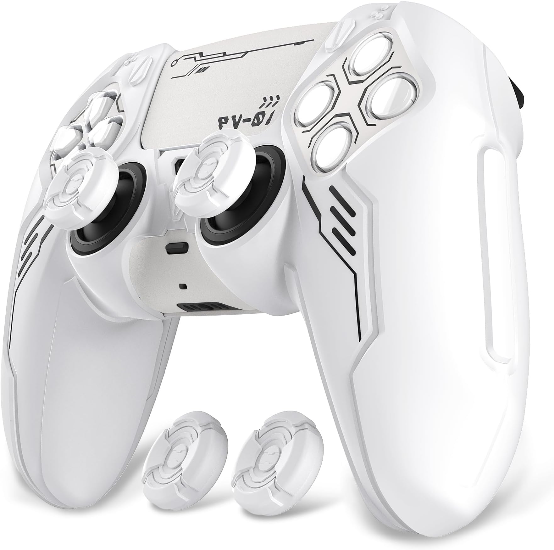 Mecha Edition Silicone Case for PS5 Controller with 2 Covers and 6 Stickers, Non-Slip, Compatible with Charging Dock, White