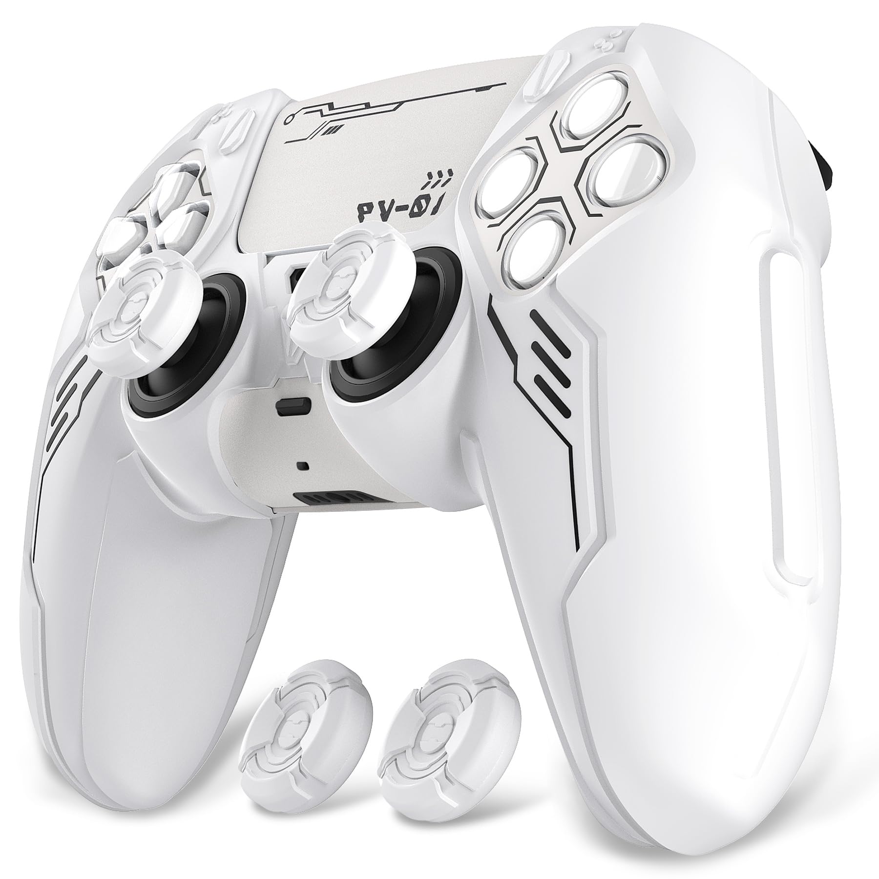 playvital Cover Controller per ps5 Joystick Custodia Silicone Skin Antiscivolo Grip Ergonomico, 2 Copri Analogici e 6 Adesivi, Adatto per Stazione di Ricarica, Mecha-Bianco