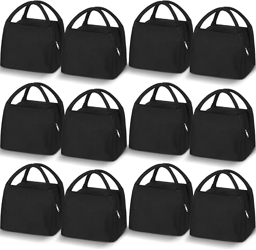 Miniatura 1 de Chunful 12 bolsas de almuerzo aisladas a granel para niños, mujeres y adultos, reutilizable, bolsa de almuerzo impermeable con aluminio (negro)
