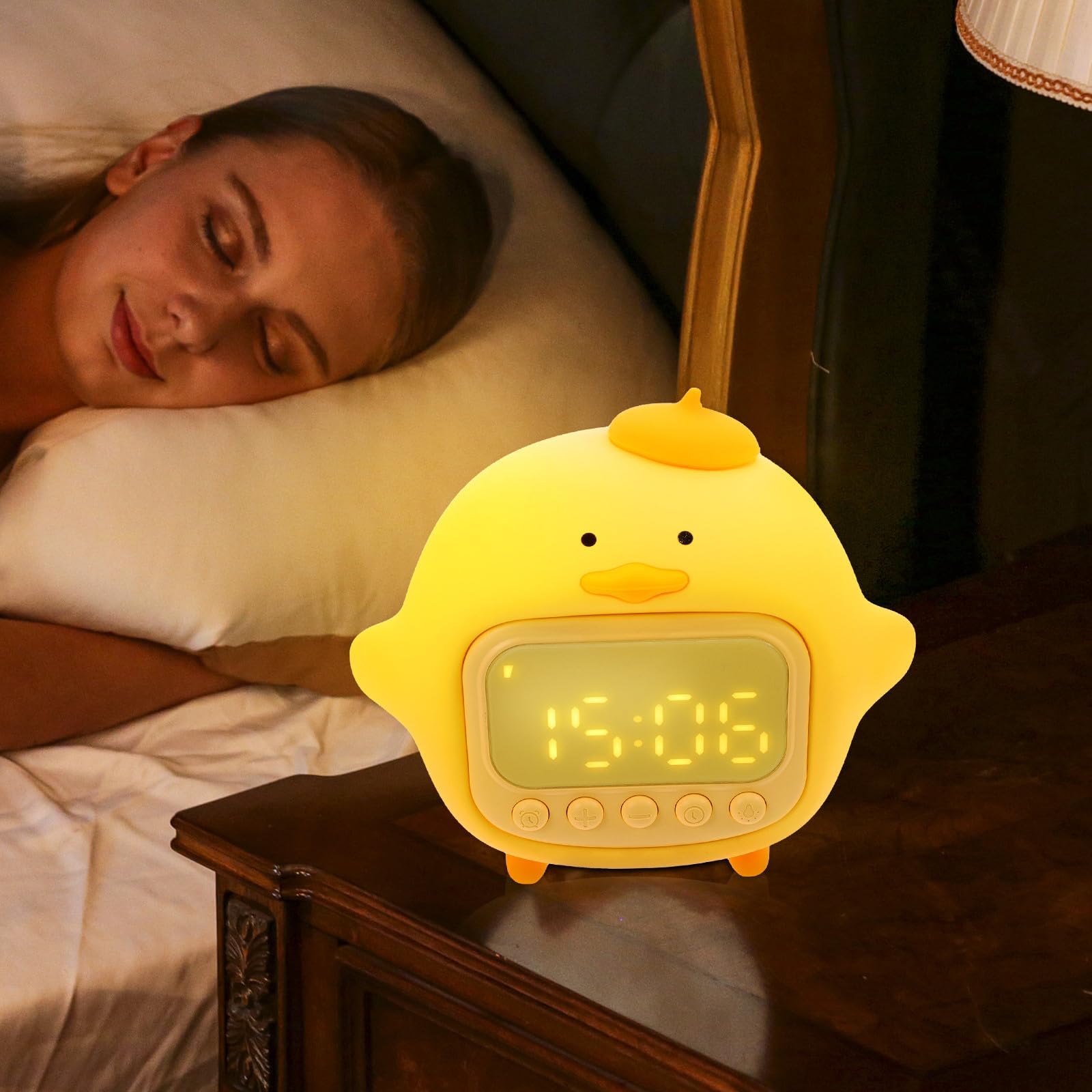 Réveil LED en Silicone Jaune Fonction Veilleuse et Alarme, Lampe de Nuit Créative pour Chambres D'garçon et Filles, Batterie 1500mah, Câble USB Inclus