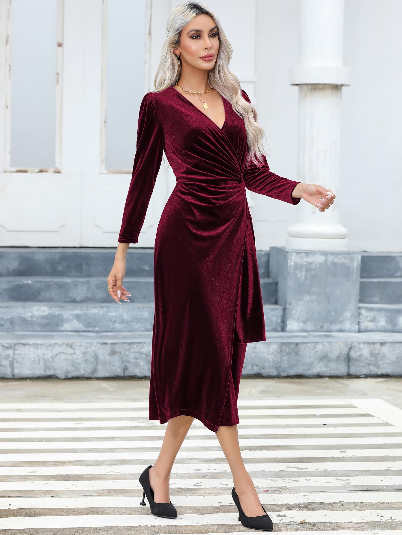 R.Vivimos Automne Hiver Femmes Sexy Col V Enveloppé Robe Manches Longues Velours Volants Robe Midi élégante Robe Cocktail