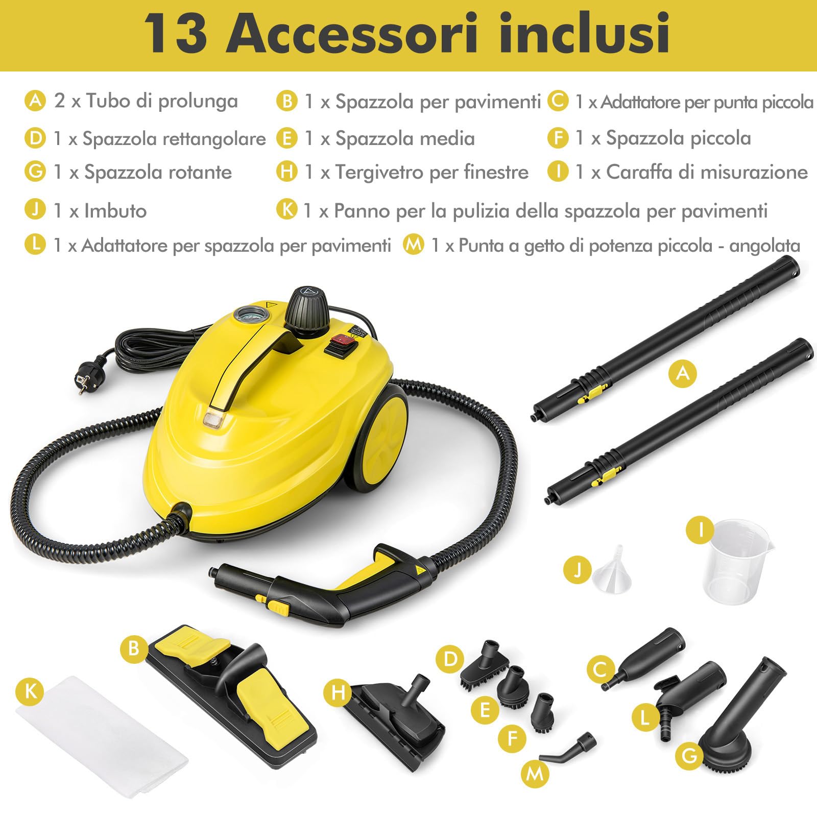 COSTWAY 2000W Pulitore a Vapore, Macchina per Pulizia Rotante con 13 Accessori, Capacità d'Acqua di 1,8L, Macchina a Vapore Multiuso per Tappeti Finestre Vetri e Tende (Giallo)