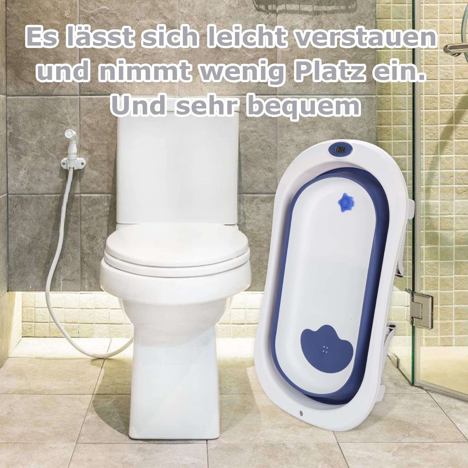 Tubiaz Vasca da bagno pieghevole con termometro, cuscino da bagno, bicchierino per il lavaggio dei capelli, vasca da bagno con struttura a partire da 0 a 3 anni (blu)