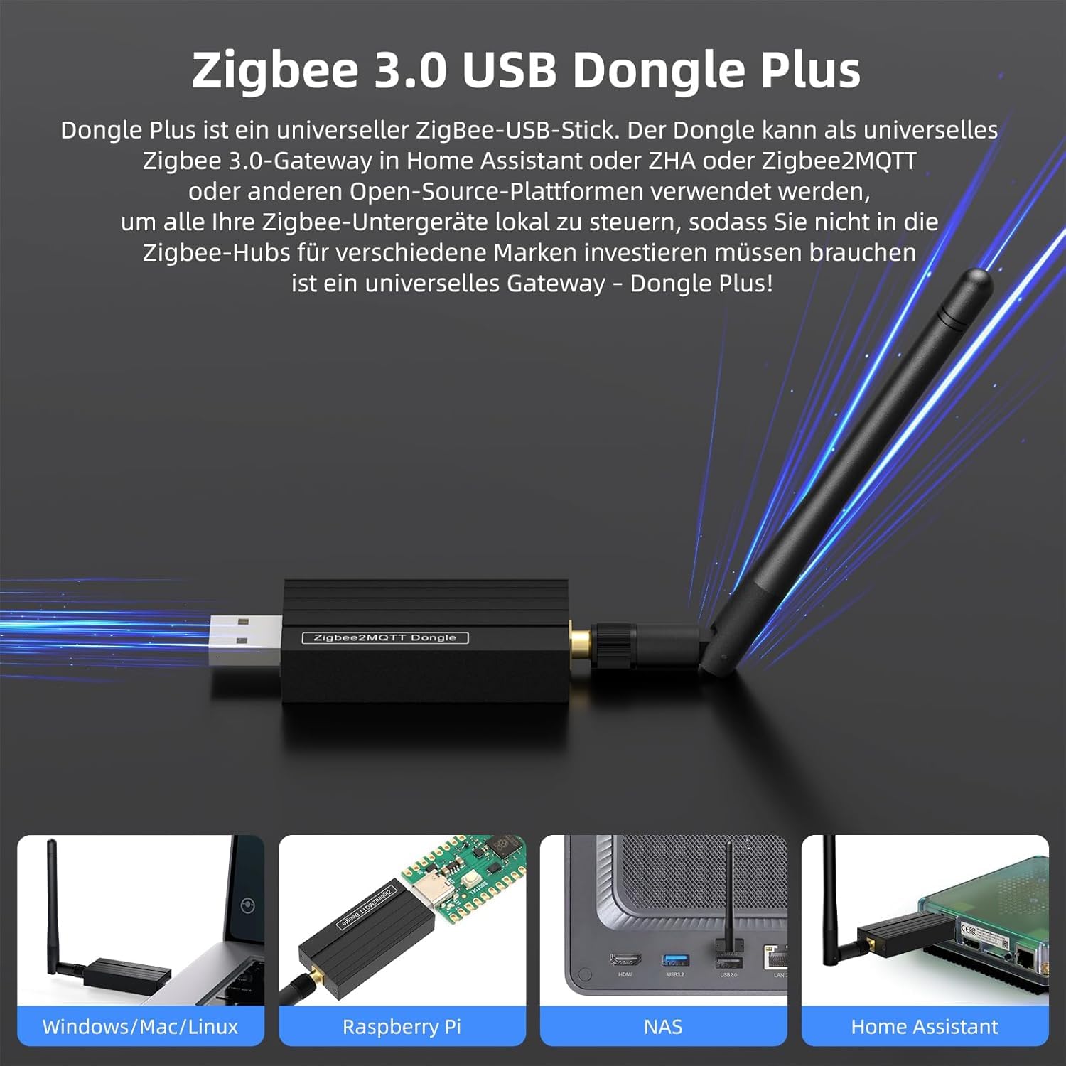 AVATTO Zigbee 3.0 USB-Dongle-Gateway für Home Assistant– kompatibel mit Zigbee2MQTT und ZHA, CC2652P-Chip, unterstützt Erweiterung und Flashen.