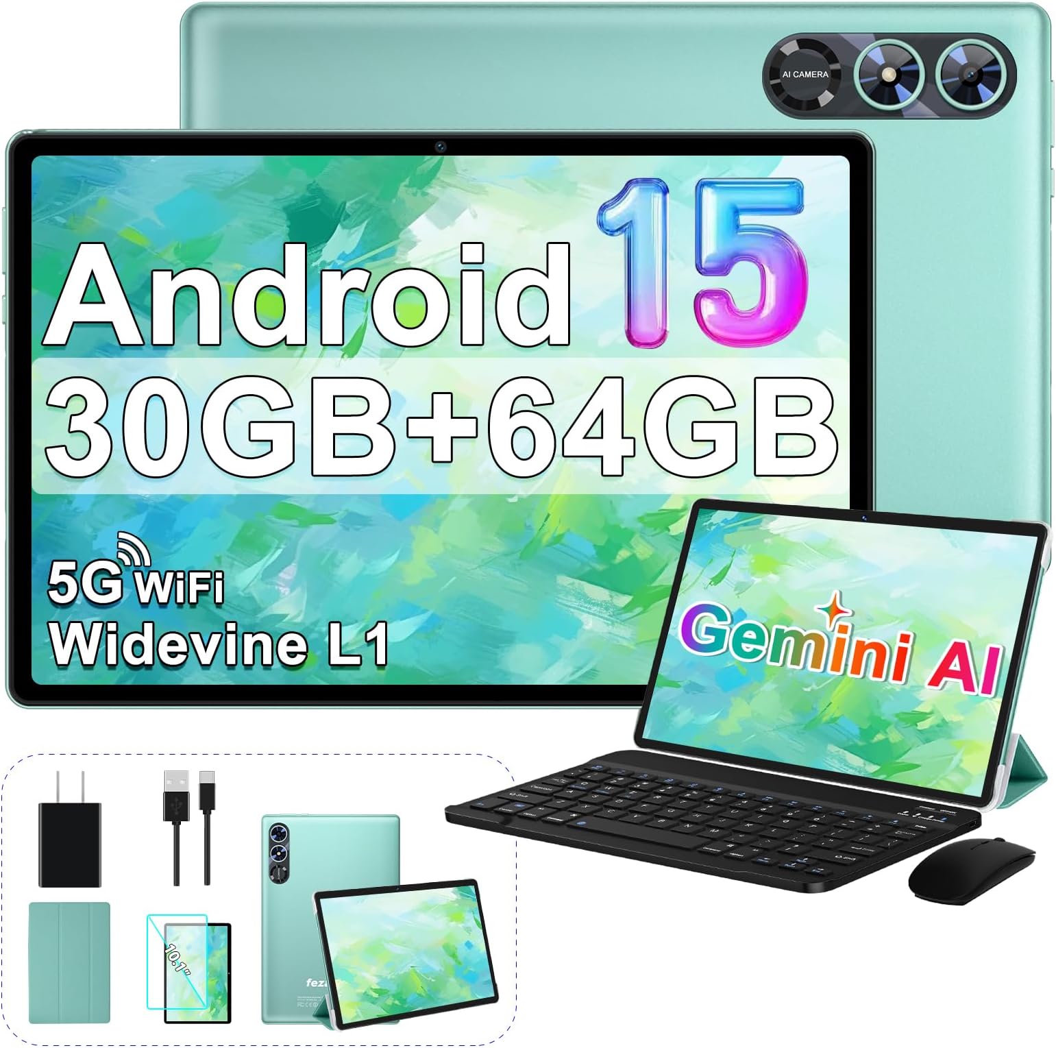 - 2026 Android 15 Tablet, 10 Inch Tablets with Gemini AI, 30GB+64GB+1TB Expand, 2-in-1 Octa-Core Electronics Tablets with Keyboard, Mouse, 5G WiFi, 6000mAh, GPS, Widevine L1, Split Screen -Turquoise