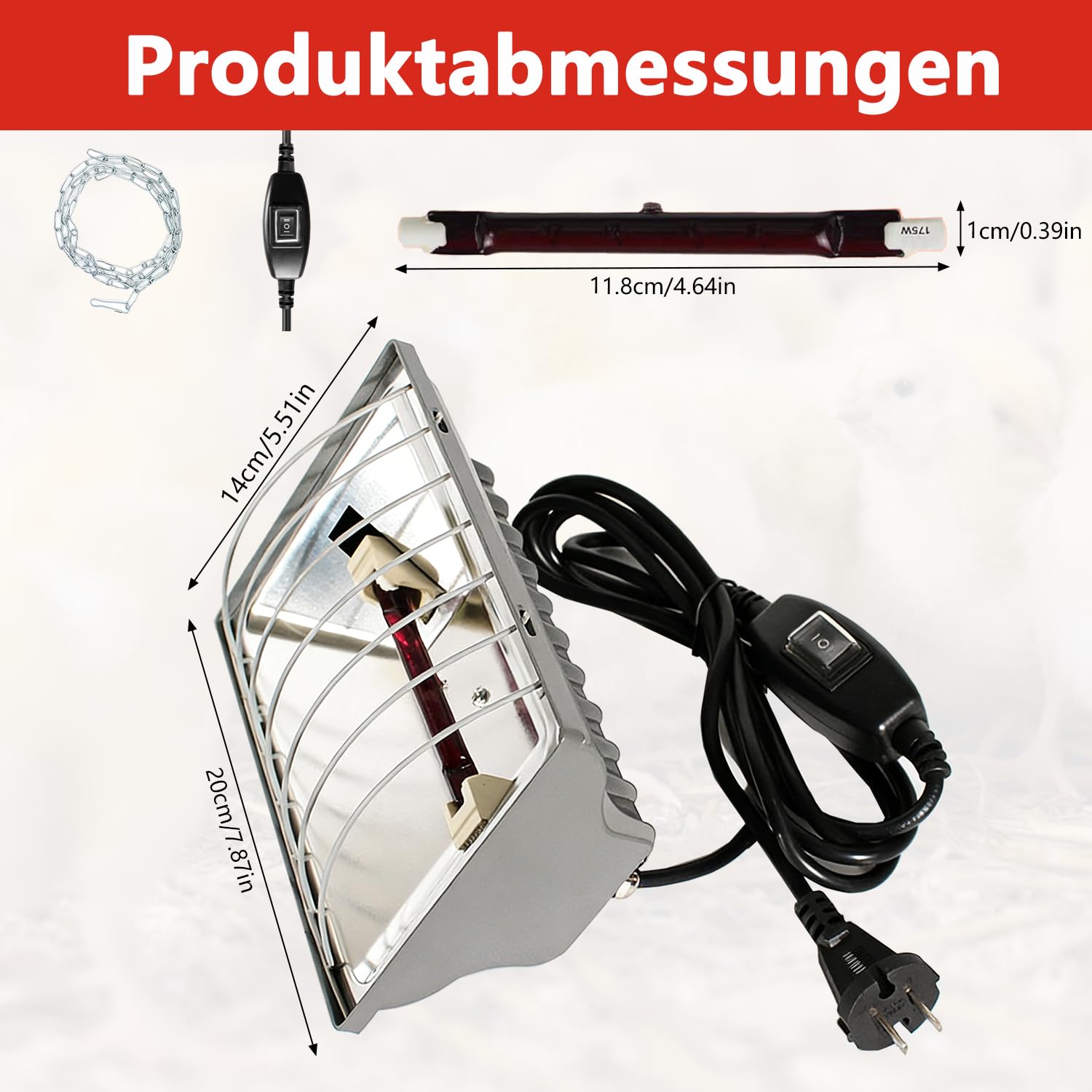 Lampe à lumière rouge pour poussins, maison de volaille, avec interrupteur à économie d'énergie, câble de 1,8 m, lampe infrarouge thermostatique automatique, convient pour poussins, porcelets