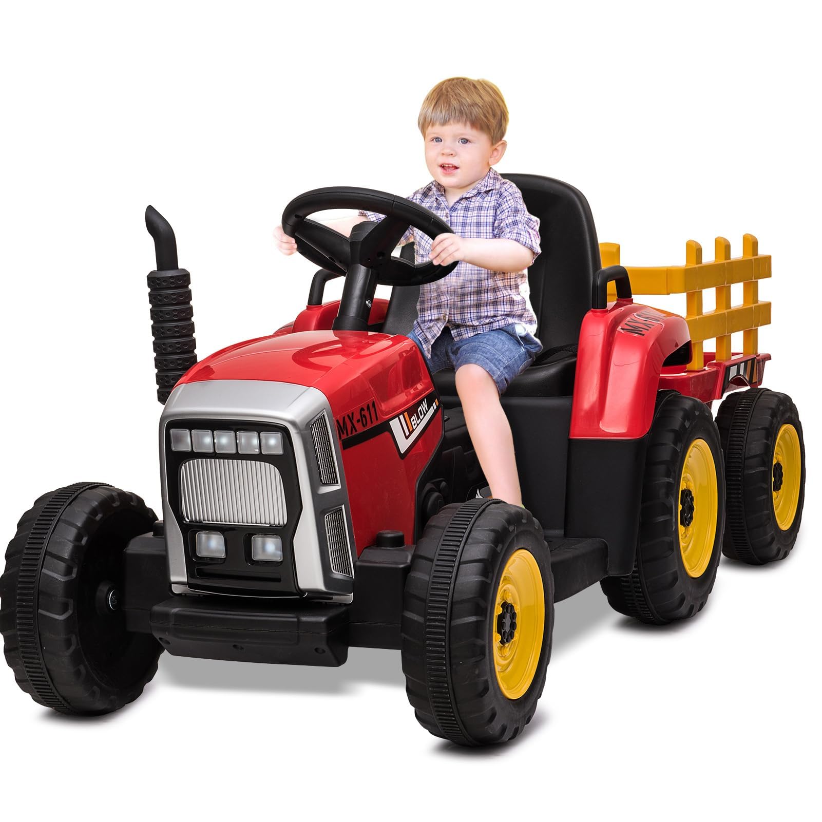 12V Tracteur électrique Enfants, avec Remorque Amovible, Voiture électrique Enfants pour 3 à 8 Ans, avec Télécommande, Musique & MP3, 3 Vitesses, Rouge