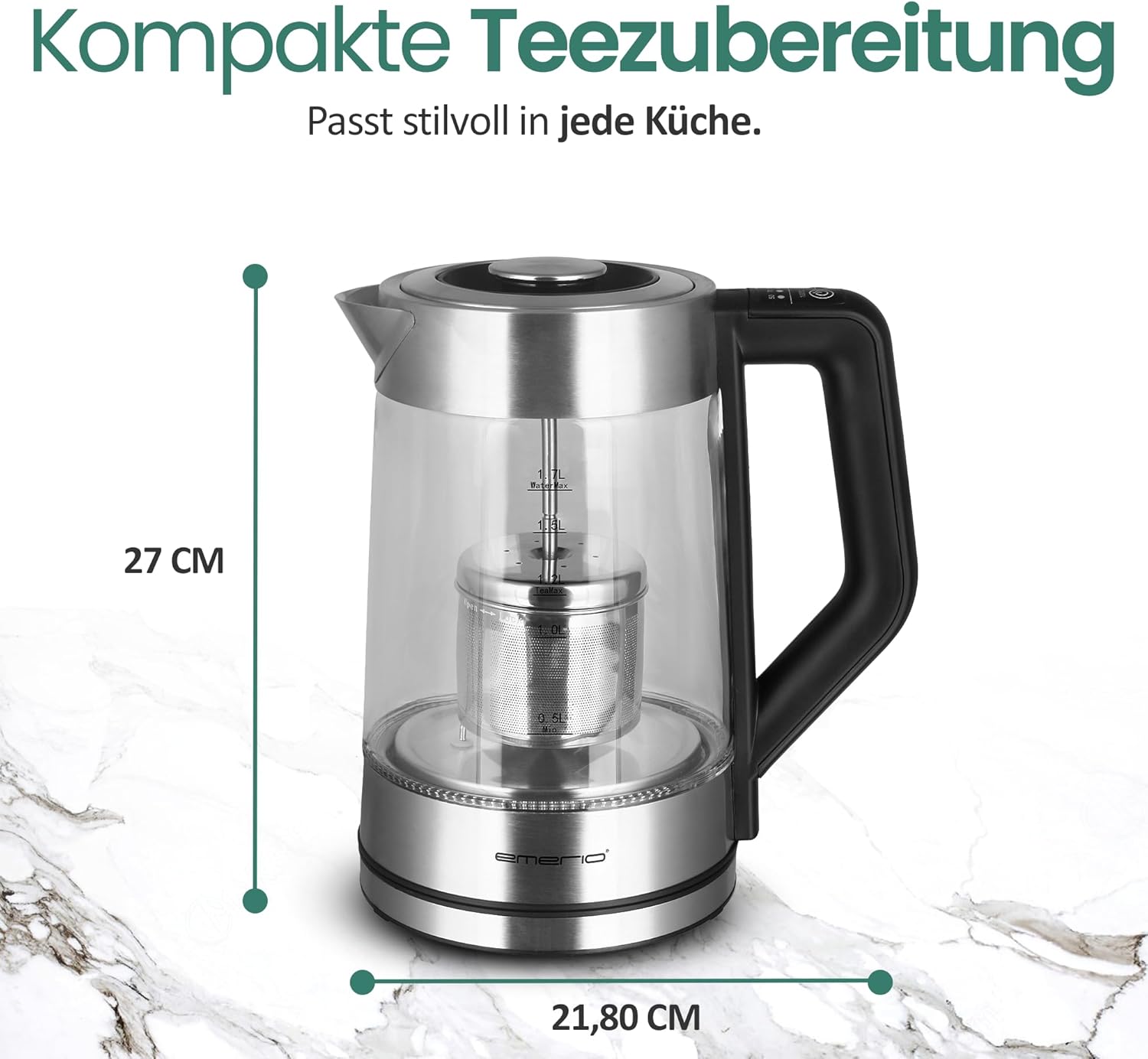 Emerio WK-122730 Glass Kettle with dimensions