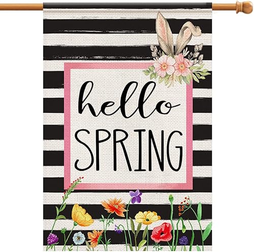 Miniatura 7 de Bandera de jardín de flores de Hello Spring de 12 x 18 pulgadas, arpillera de doble cara exterior, letrero de conejo floral de temporada, decoración