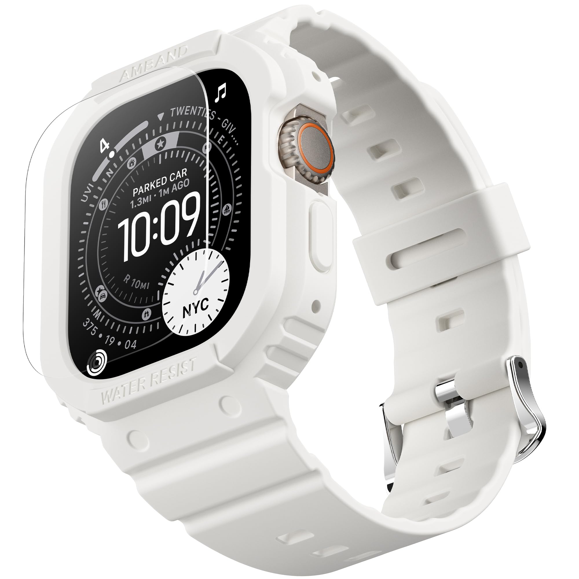 amBand Rugged Band &amp; Case Compatible with Apple Watch Ultra 4/3/2/1 49mm, Military Protective Bumper Cover &amp; Soft Strap, with Screen Protector Kit, Compatible with iWatch Ultra, White – for Men Women