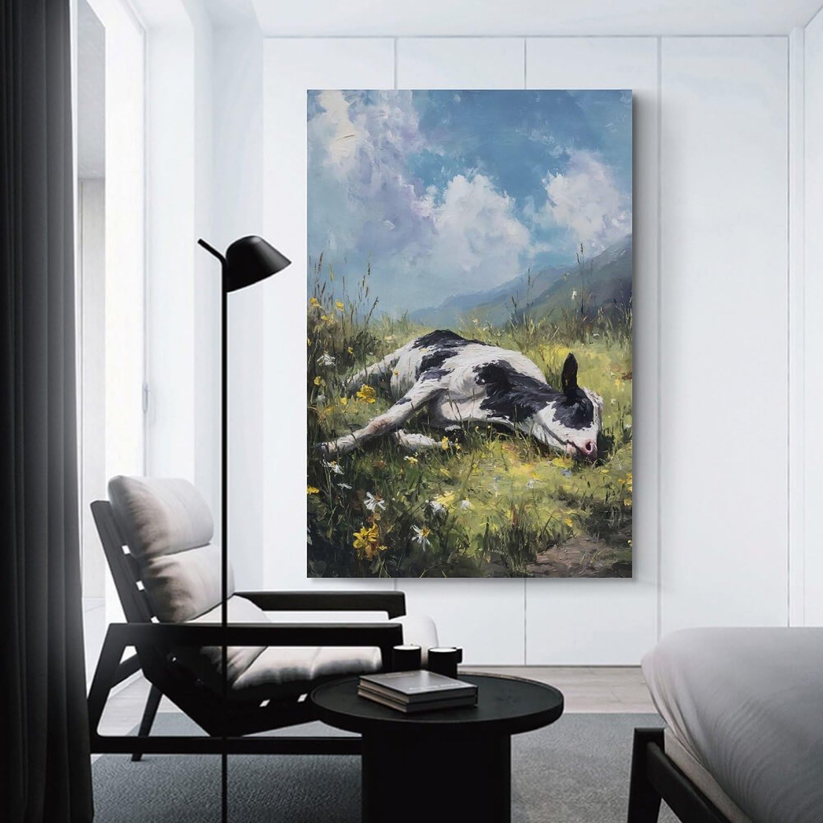 Junmoney Cow Lying in A Field of Flowers Canvas Wall Decor, 20x30inch(50x75cm), for Office, Study Or Home Workspace, Wall Art That Adds Style to Work Areas