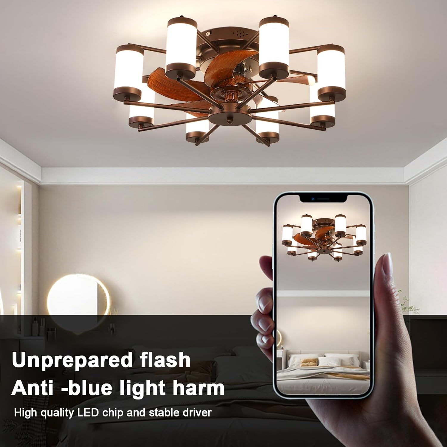 Ceiling Fan with Light, 24" Ceiling Fan with Remote Control, Modern Chandelier Fan, Acrylic Lampshade Fan Light for Bedroom, Living Room, Small LED Ceiling Light Fixture (Black)