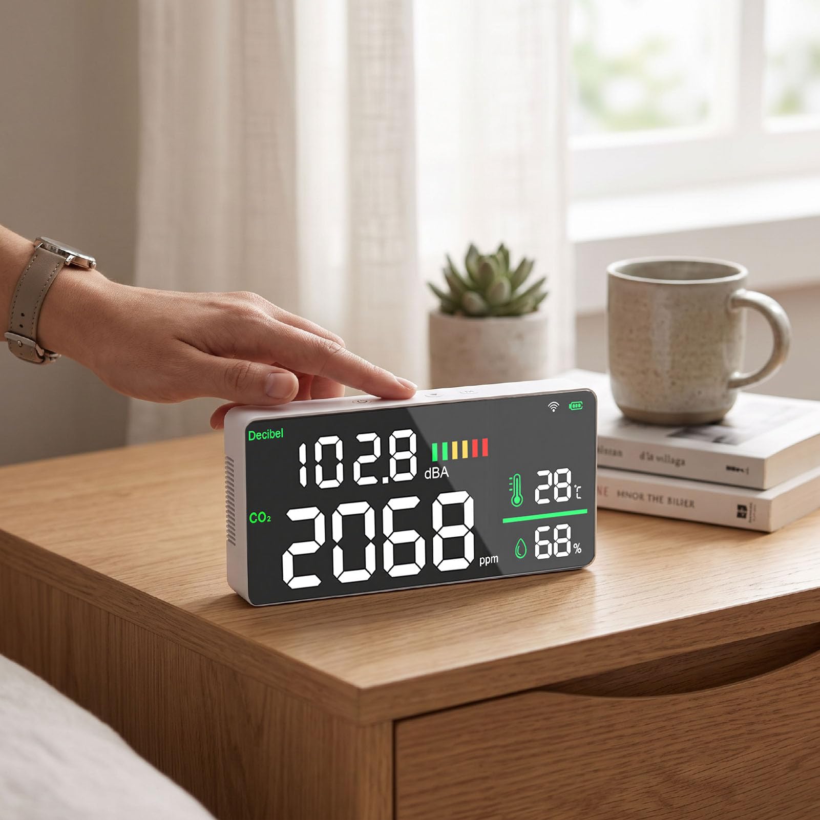 Medidor de Decibelios Digital, Monitor de CO2 WiFi 2.4G con Pantalla de Temperatura y Humedad, Probador de Nivel de Ruido para Oficina en Hogar
