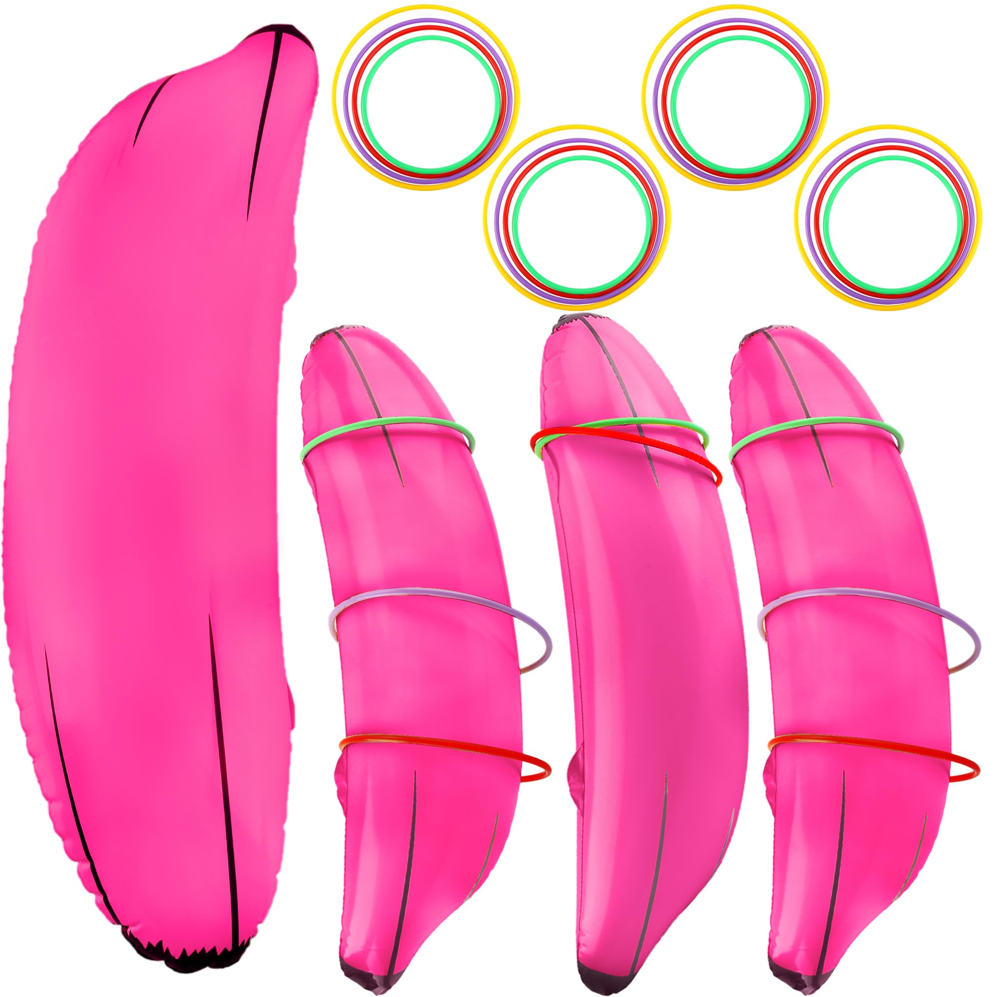 4 Set Inflatable Banana Ring Toss Game Includes 4 Pcs Inflatable Bananas 16 Pcs Plastic Ring Toss for Summer Pool Bachelorette Party Game Bridal Shower Engagement Party Decor (Colour Style 2)