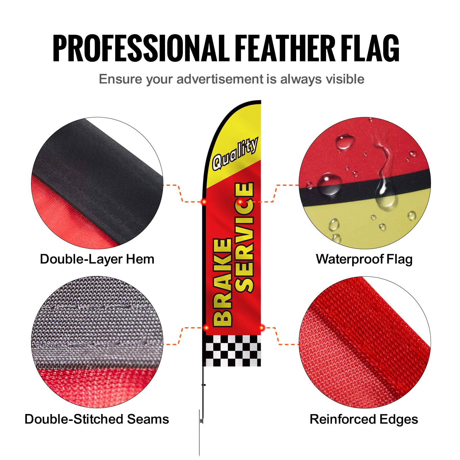 VEVOR Kit de Mástil y Bandera de Pluma de Reparación de Automóviles Kit de Banderas de Pluma, 4 Banderas(BRAKE SERVICE, AC SERVICE, CAR WASH, REPAIR), 4 Mástiles de 4,5 m, 4 Estacas para el Suelo