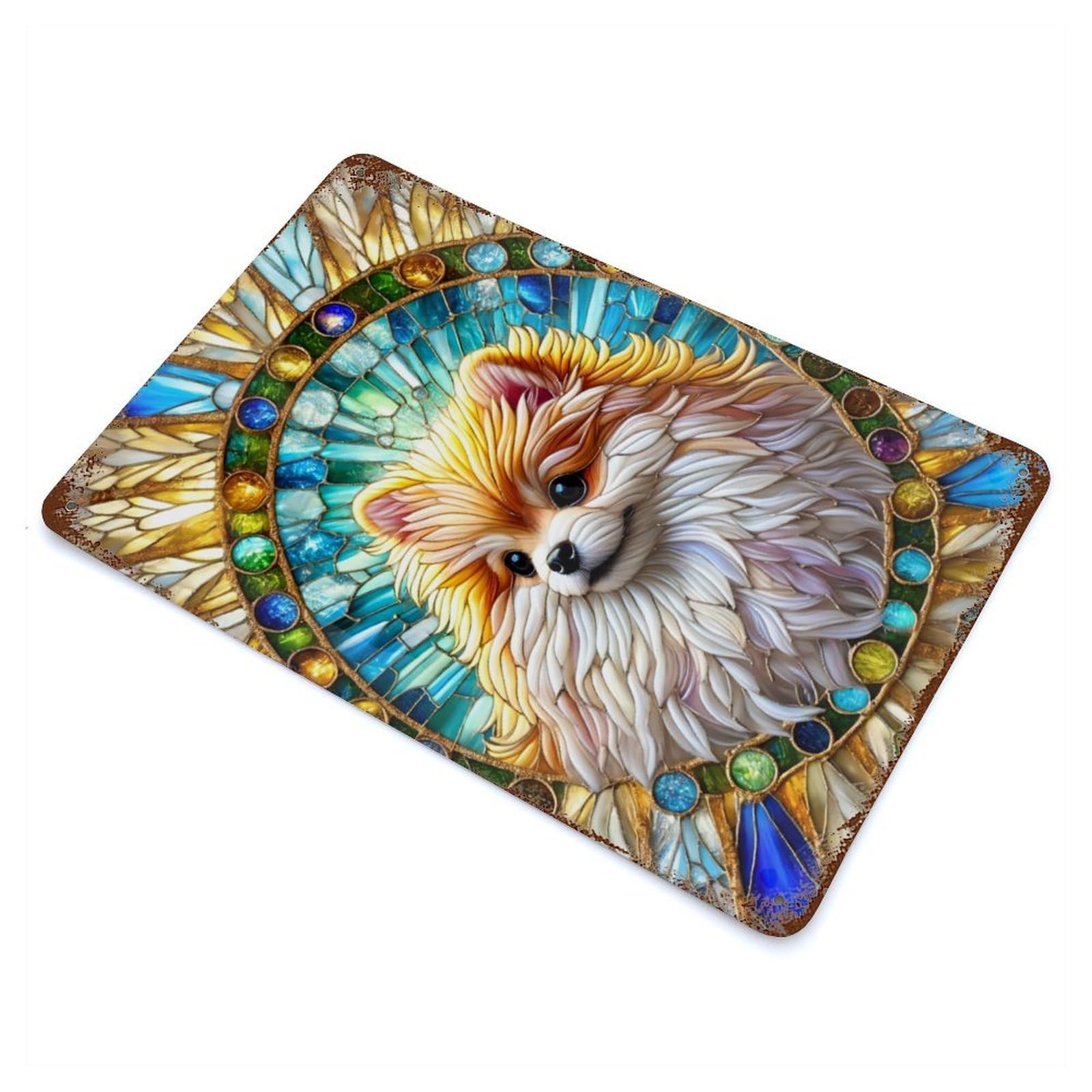 Rusty Metal Tin Sign Stained Glass Pomeranian 11.8"x7.9", Industrial Home Decor for Patio, Garden Room And Bar Decor