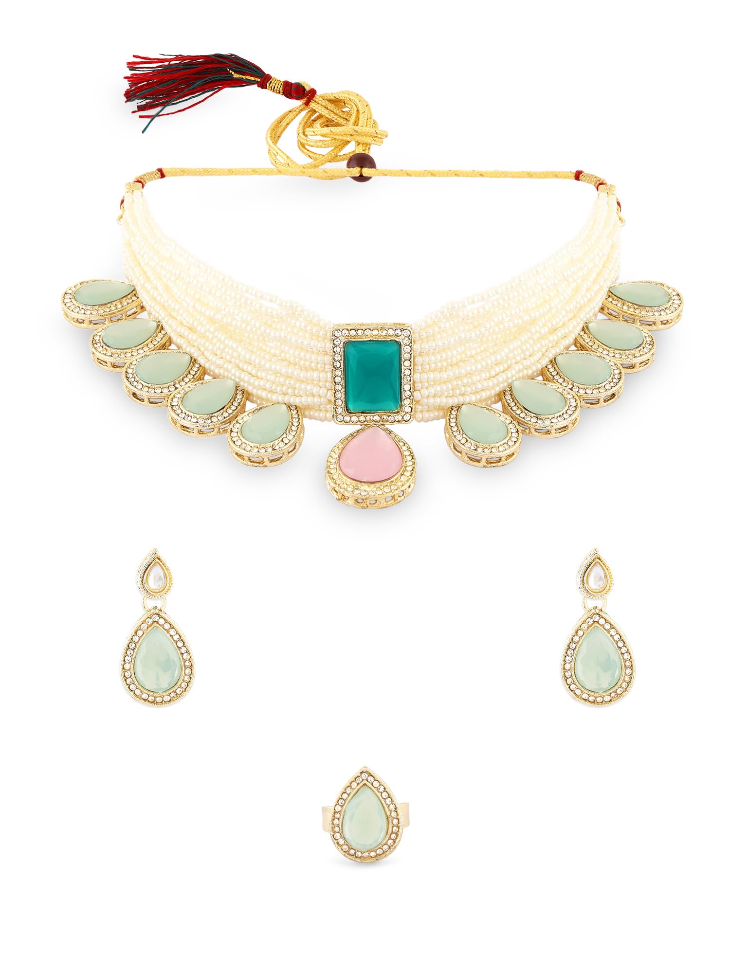 ZAVERI PEARLSPink Green Stones Drop Multistrand Beaded Choker Necklace Earring & Ring Set For Women-ZPFK17600