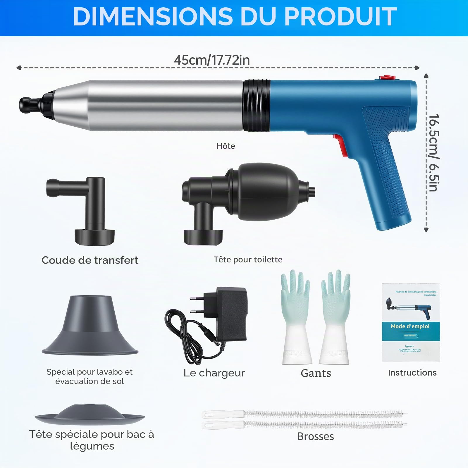 Électrique Déboucheur de Canalisations, Électrique Déboucheur à Ventouse, Air Comprimé Déboucheur de Furet pour Toilette, WC, Lavabo, Douche