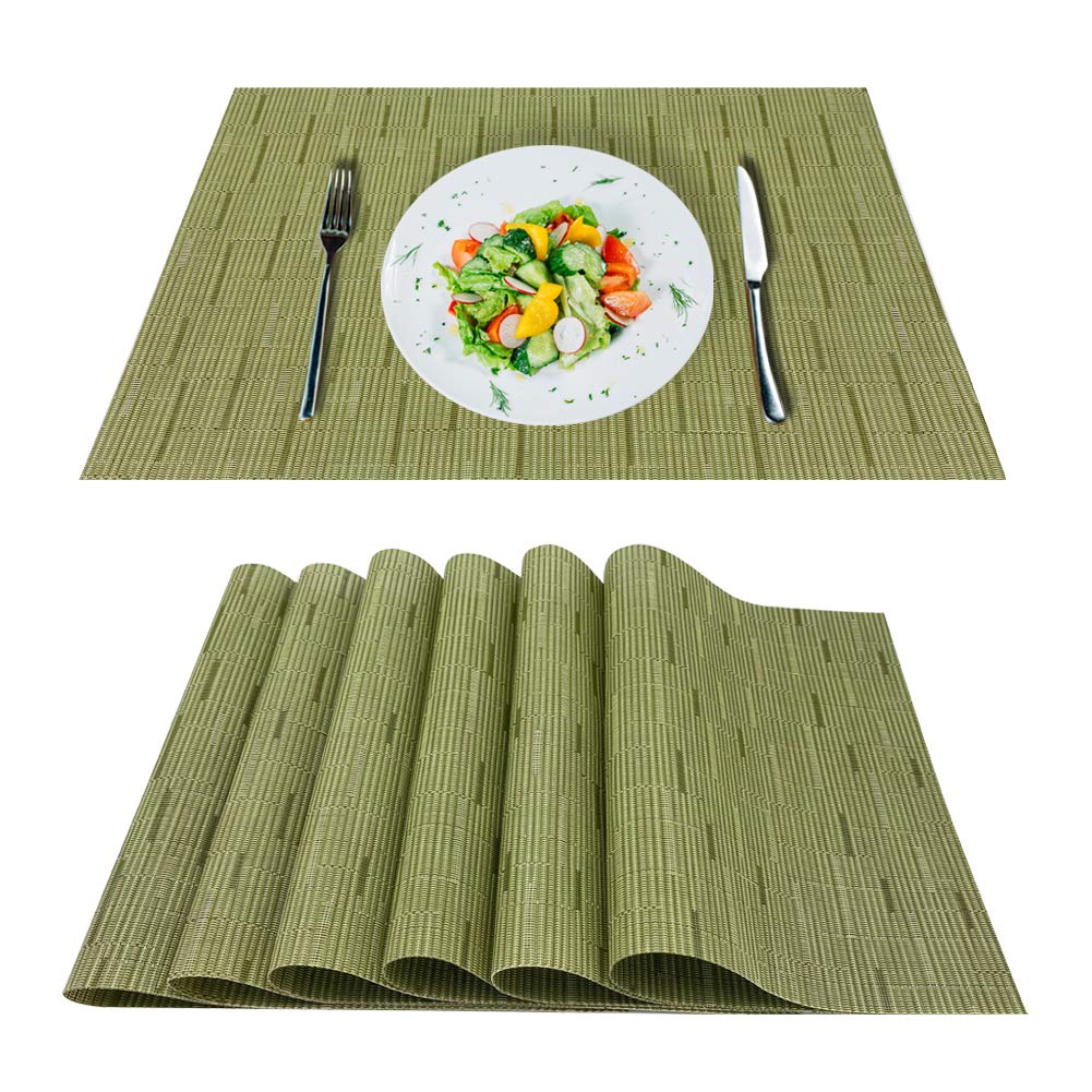 saileaf Placemats Set 0f 6 Bamboo Braided Vinyl Placemat，Heat Insulation and Stain Resistant Table mats for Hotel Home Dining Kitchen Restaurant，Table Dining Table Mat，Easy to Clean (Green, 6)