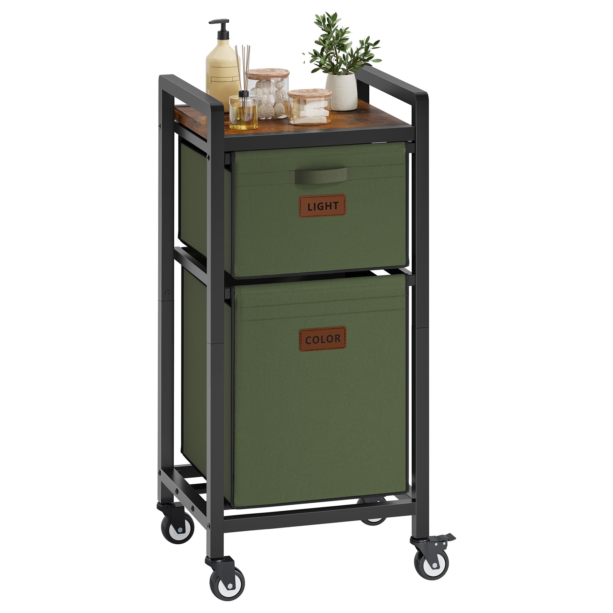FAVOOSTY Laundry Basket with Wheels and Storage Shelf, 70L 2 Compartment Washing Basket, Tall Laundry Hamper Cart with Removable Bags, Narrow Double Laundry Sorter for Bathroom Bedroom, Green