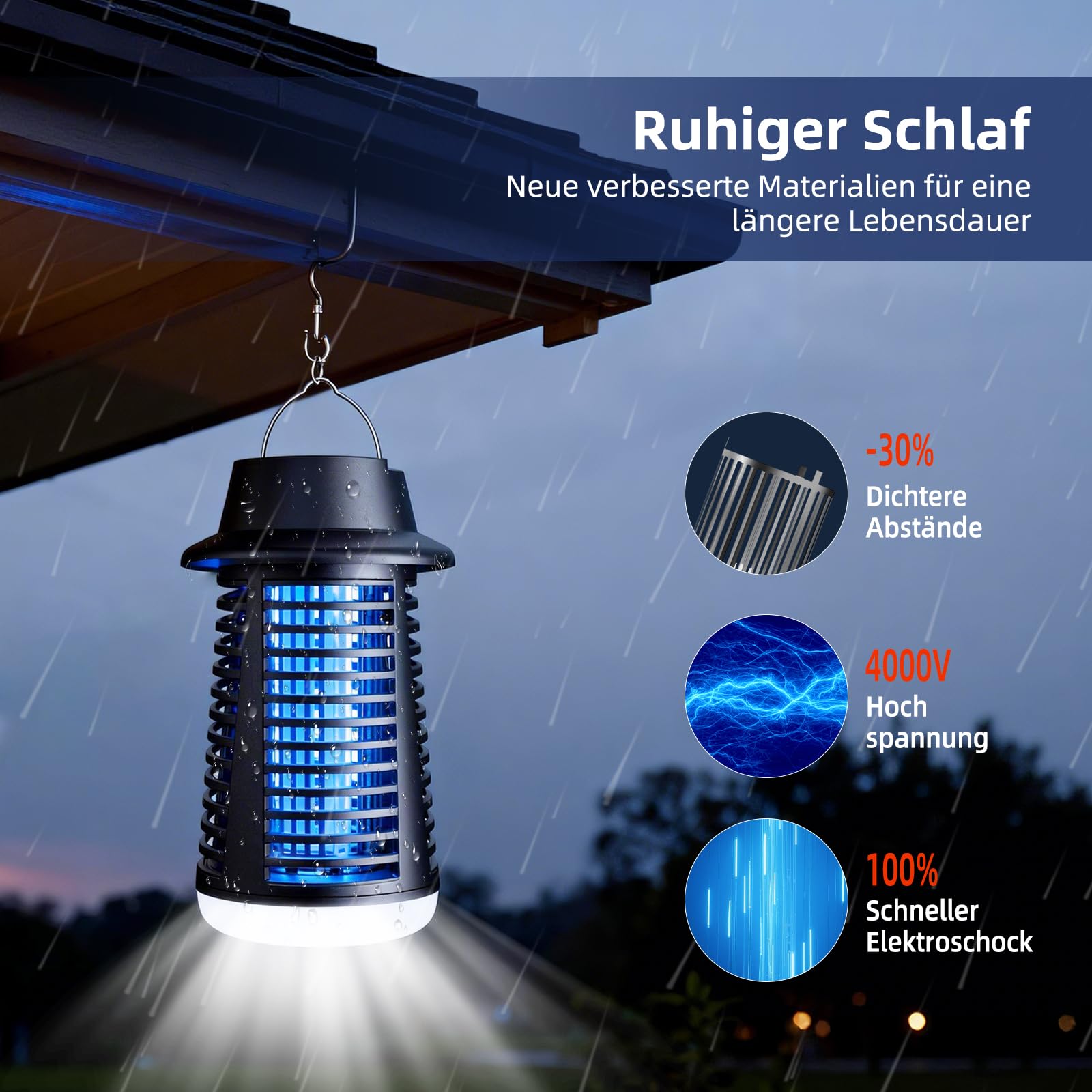 Insektenvernichter Elektrisch, leistungsstarke 4250V Hochspannung Fliegenfalle Elektrisch, effektives 20W UV Licht Mückenfalle, mit LED Basisbeleuchtung, IPX4 Wasserdicht für Innen und Außen