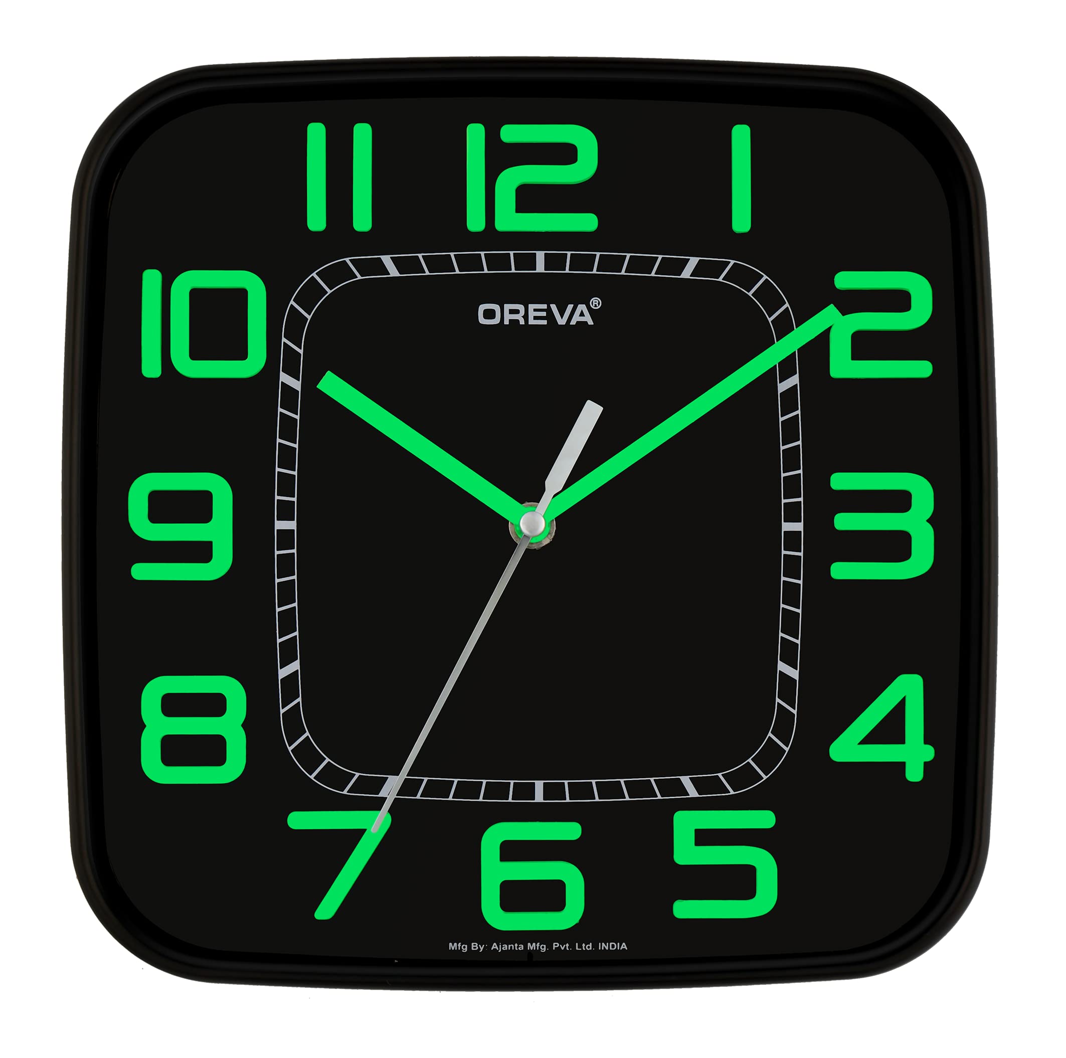 OREVA Plastic Designer Sqaure Small Wall Clock with Embossed Numbers (23.1 x 2.3 x 23.1 cm, AQ-5317) (Black Dial-Green)-image-1