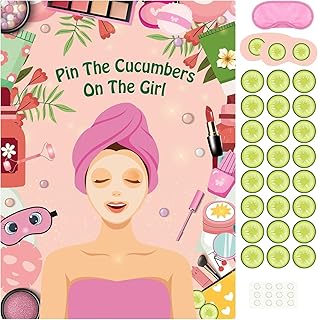 PLULON Spa Party Game for Girls Party, Pin The Cucumber on The Girl with Cucumber Spa Stickers Spa Game Poster for Kids Girl Spa Birthday Makeup Sleepover Slumber Party Supplies Women Party Decor