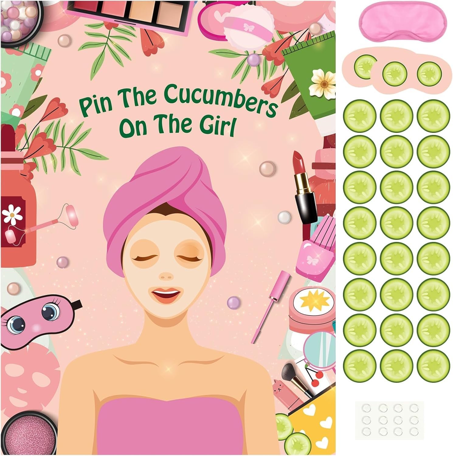 PLULON Spa Party Game for Girls Party, Pin The Cucumber on The Girl Spa Game Poster for Kids Girl Spa Birthday Makeup Sleepover Slumber Party Supplies
