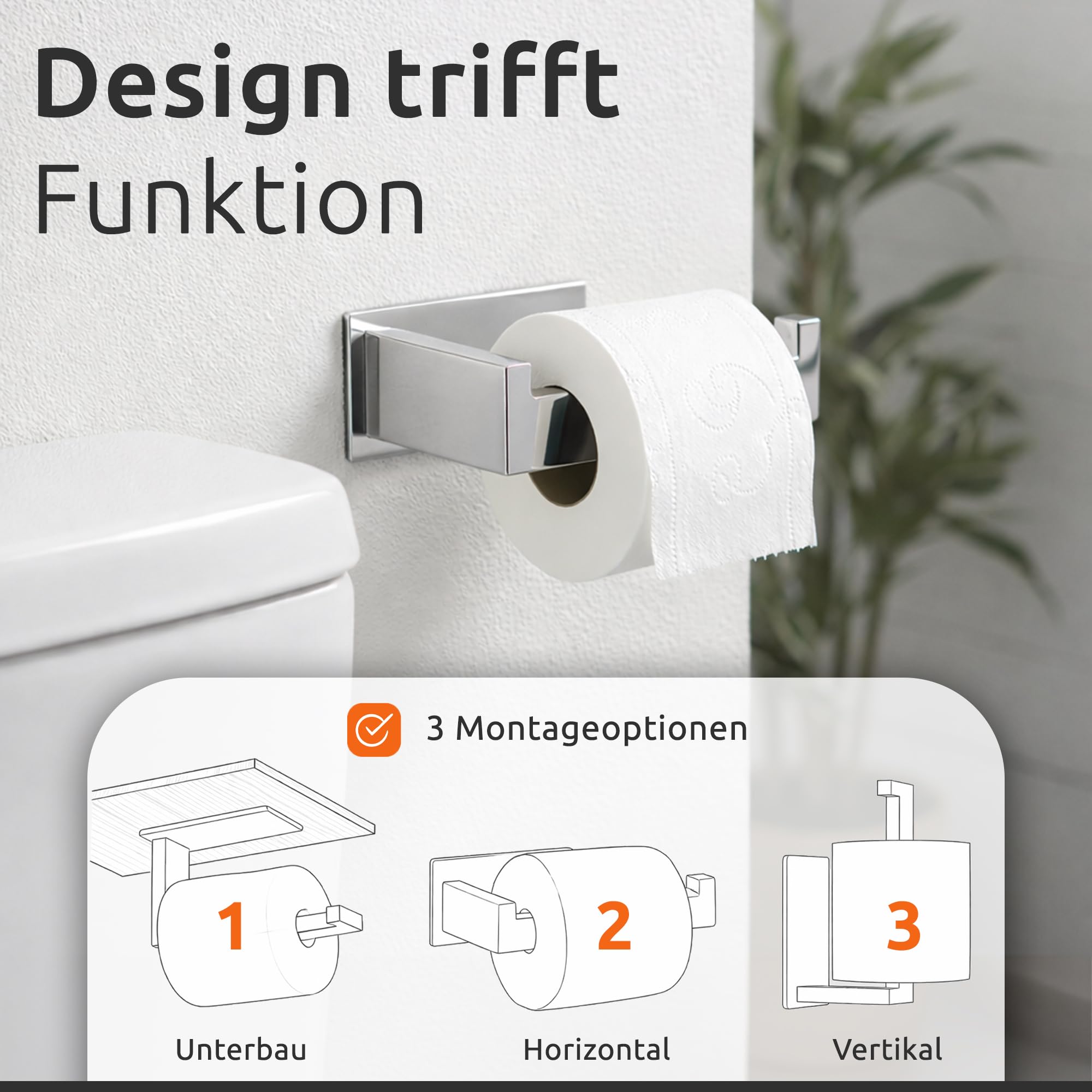 ECENCE Toilettenpapierhalter + 2 Handtuchhaken ohne Bohren Chrom | Badezimmerset selbstklebend, Badezimmeraccessoires - rostfreier Edelstahl 304, Handtuchhalter + Klorollenhalter