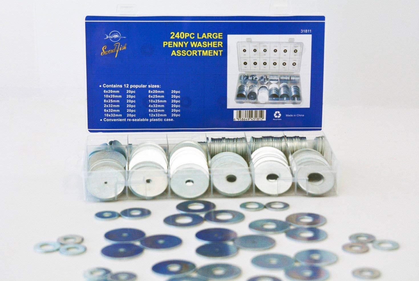 Swordfish 31811-240pc Large Penny/Fender Washer Assortment, Silver, 6mm, 8mm, 10mm, 12mm, 20mm, 25mm, 32mm - Image 4