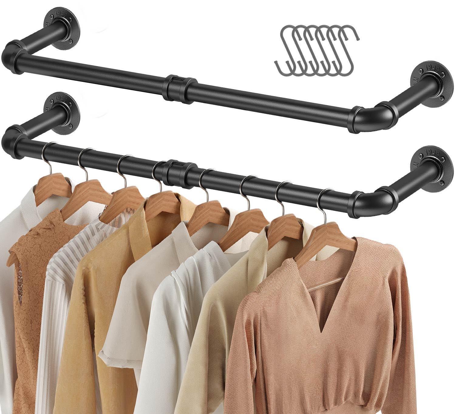 Greenstell Wall Mounted Clothes Rack, 36.2in Industrial Pipe Clothing Rack for Hanging Clothes, Space-Saving Closet Rod, Multi-Purpose Hanging Rod for Bedroom, Laundry Room, 2 Base (2 Packs)