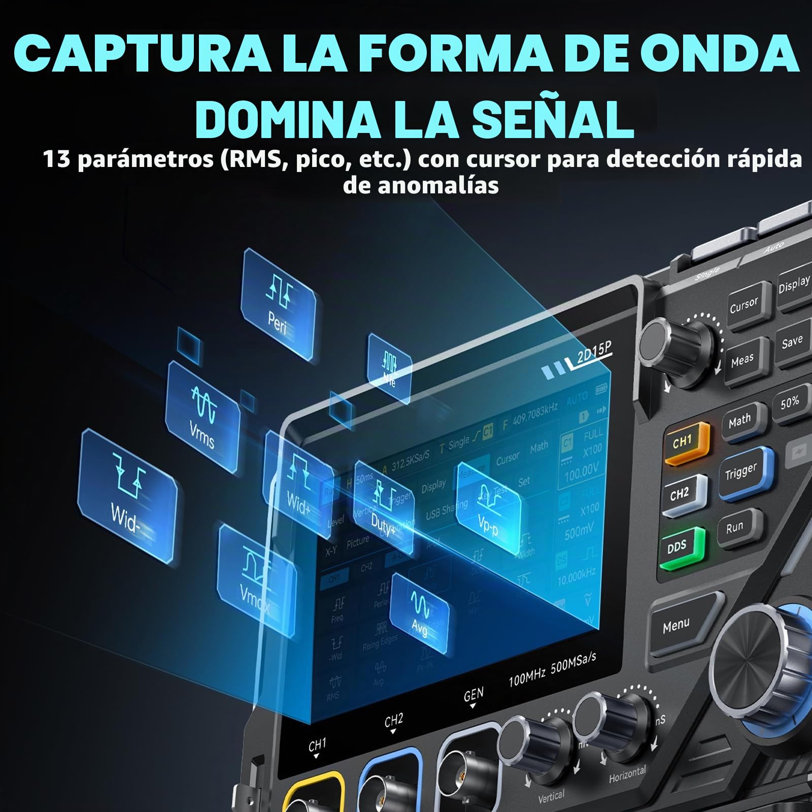 2D15P Osciloscopio, 100MHz Osciloscopio Digital Multímetro 3 en 1 Generador de Señal DDS, Pantalla Táctil de 4,3", 19’999 TRMS, Precisión de 4,5 Dígitos, Multímetro 500MSPS