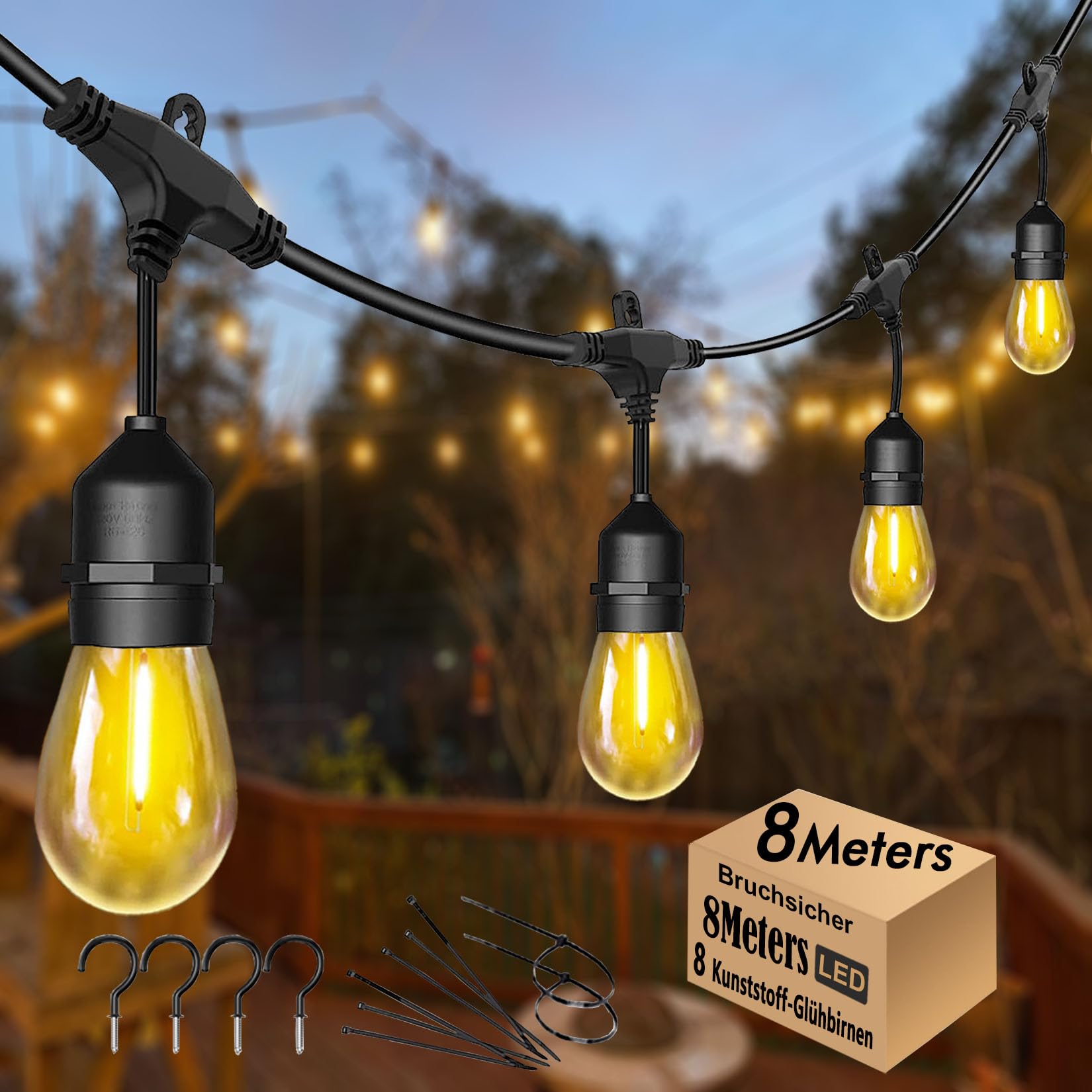 Skeerei 8M Lichterkette Außen Wasserdicht IP65,garten Lichterkette mit 7+1 E27 LED-Lampen 2700K Warmweiß für GartenTerrasse Hochzeiten [Energieklasse G]