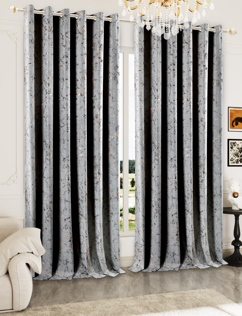 PRIME LINENS Velvet Eyelet Curtains for Bedroom Living Room Super Soft Glitzy Velvet with Metallic Print Ring Top Window Curtain Pair Panel (Glitzy Silver, W 90" X L 54")