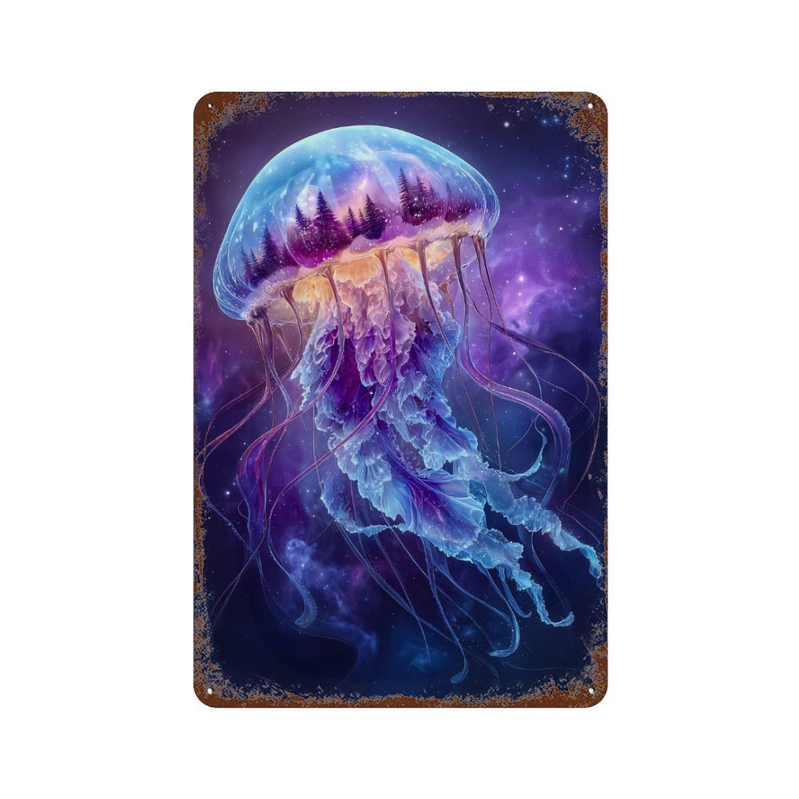 Surreal Jellyfish with Forest And Galaxy Vintage Metal Tin Sign 11.8"x7.9", Ideal for Cafe, Home Bar And Lounge Decor