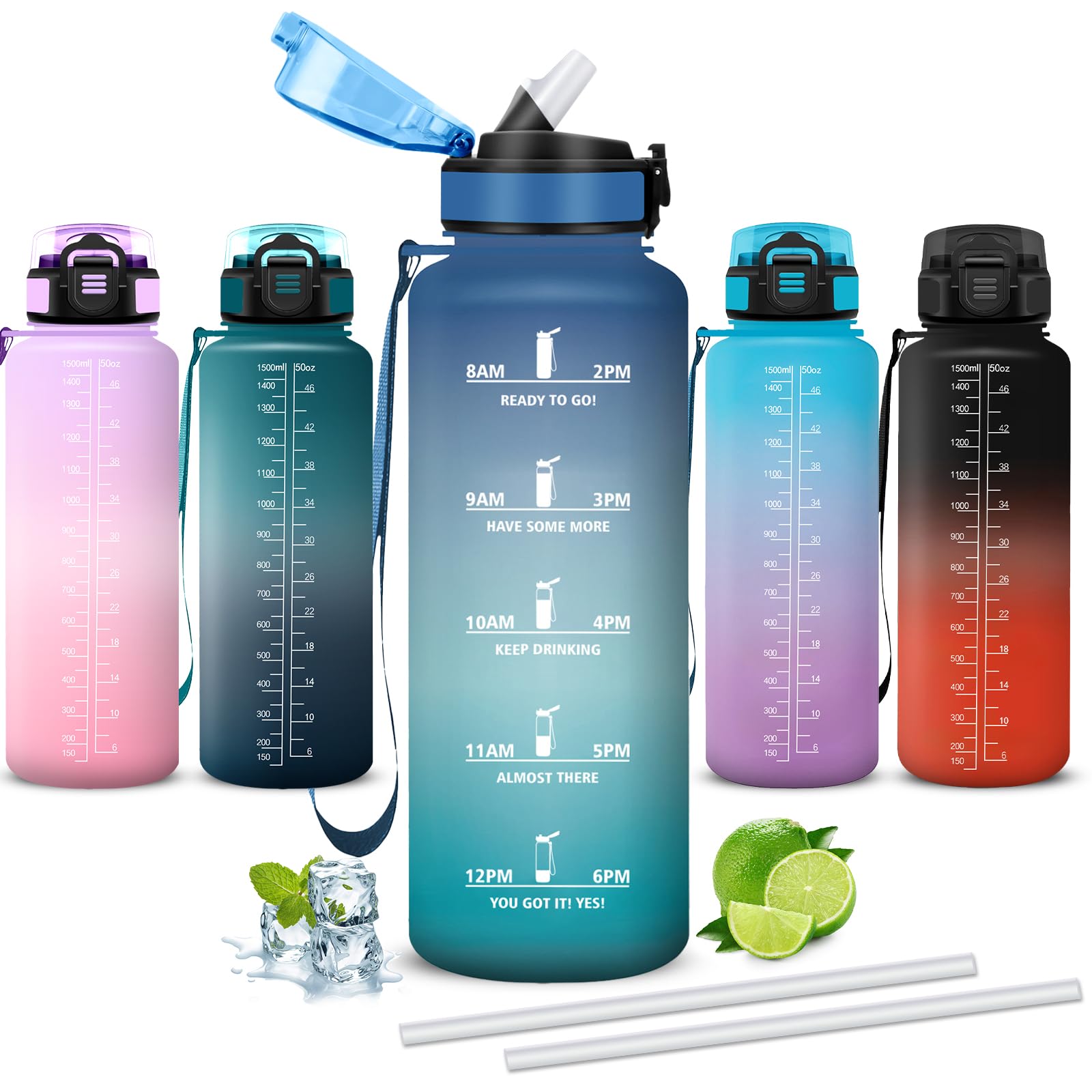 Mujigaga 1.5 Litre Water Bottle with Straw Leakless Gym Water Bottles Easy Clean Motivational Slogan Water Bottles for Fitness, Football, Pilates, Hiking