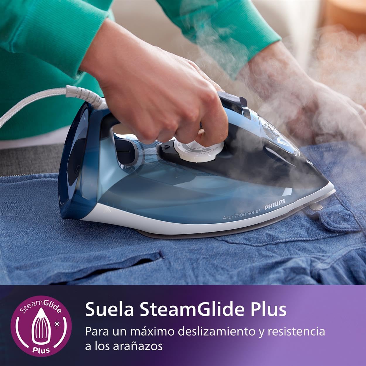 Philips Azur Series 7000 Plancha de vapor - 2800 W, 50 g/min de vapor continuo, 250g de golpe de vapor, vapor vertical, suela SteamGlide Plus, Louros/Algodón Azul (DST7020/20)