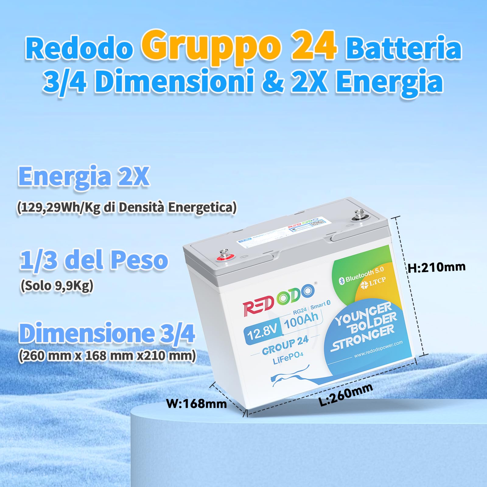 Redodo 12V 100Ah Group24 Bluetooth Batteria Litio,Batterie Lifepo4 con Protezione a Bassa Temperatura,Ricaricabile,Protezione 100A BMS,15000 Cicli Profondi,per Camper,Sistema Solare,Barca,Off-Grid