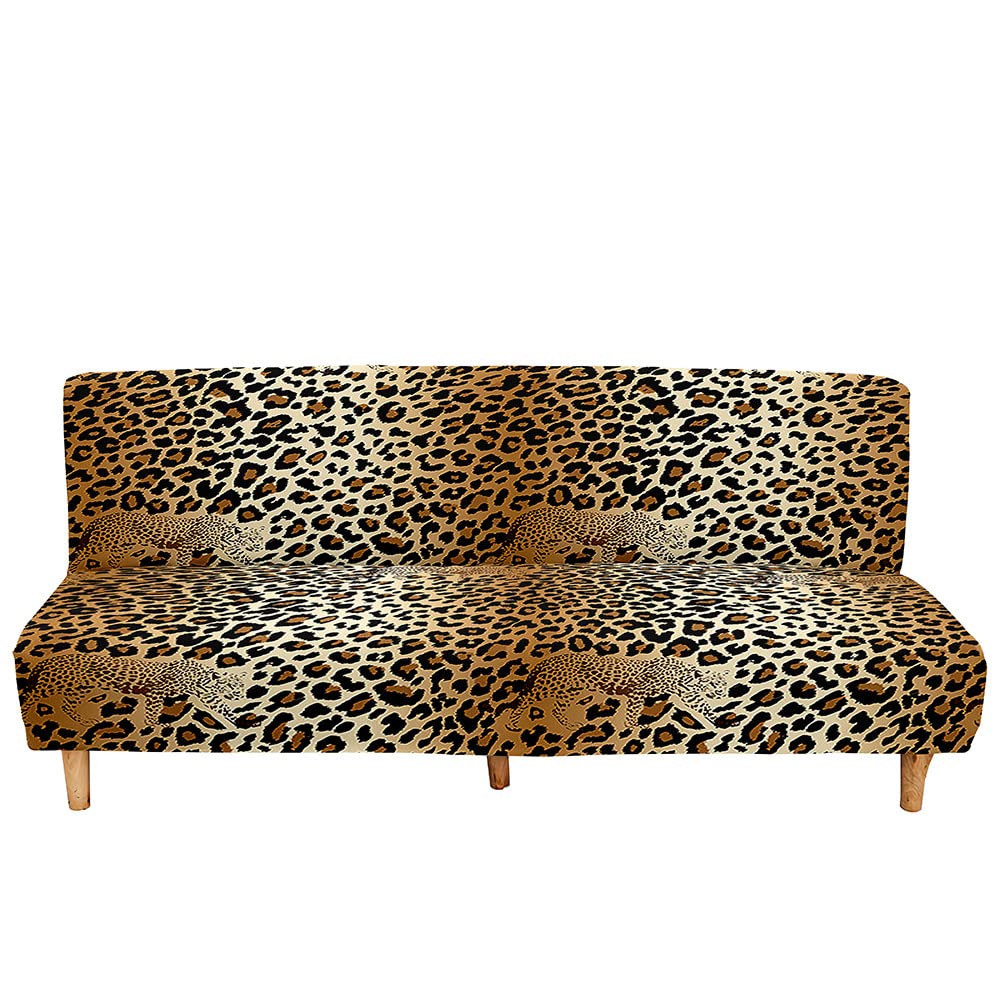 Mateju Armless Sofa Bed Cover, Leopard Print Folding Sofa Bed Cover without Armrests, Non Slip Stretch Futon Slipcover Protector for 2-3 Seater, Washable Couch Slipcovers (M 160-190CM,leopard)