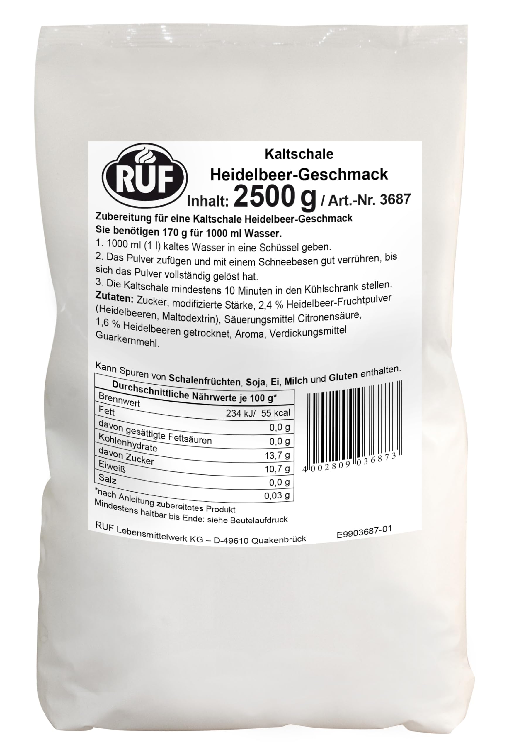 RUF Kaltschale Heidelbeer ohne Kochen, Großpackung, sommerliches Fruchtdessert, Blaubeersuppe, mit Blaubeeren gefriergetrocknet, nur 10 Min Kühlzeit, glutenfrei und vegan, 1x2500g