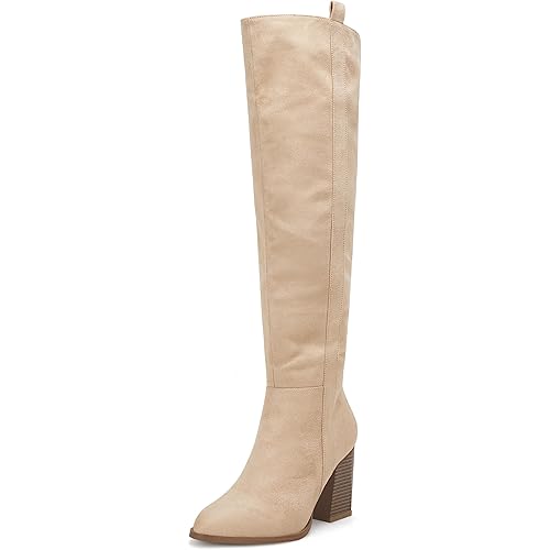 Ermonn Womens Faux Suede Knee High Side Zipper Chunky Heel Stretch Winter Boots
