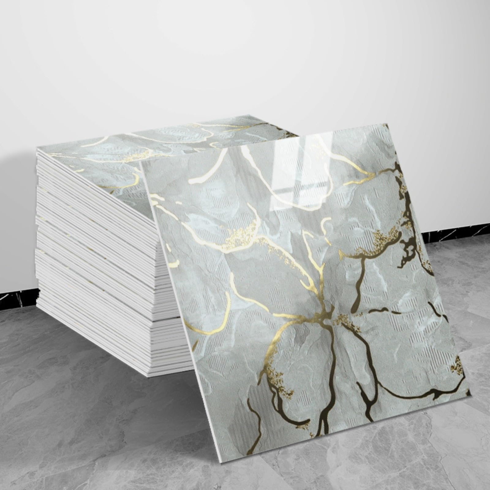 30x30cm Peel and Stick Marble Wall Tiles with Gold Veins, Glossy Waterproof PVC Backsplash for Kitchen Bathroom (50pcs-30x30cm,285)