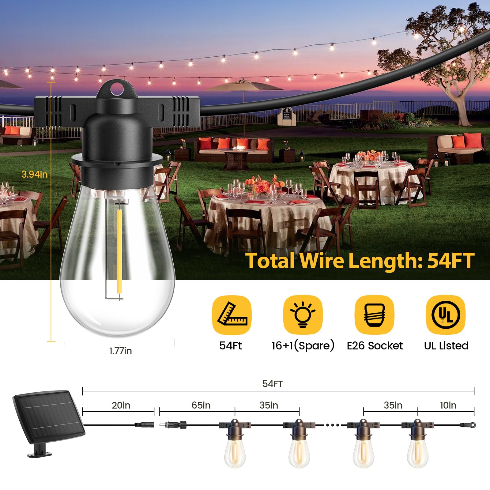 Solar Cafe Lights Outdoor String Lights AVANLO 55FT Outdoor Lights String  For Patio Outside Lights Waterproof Led Dimmable Edison Bulbs,Connectable  Hanging Globe Lights For House Garden Porch Wall Yard Party Decor UL, image size:1600x1600