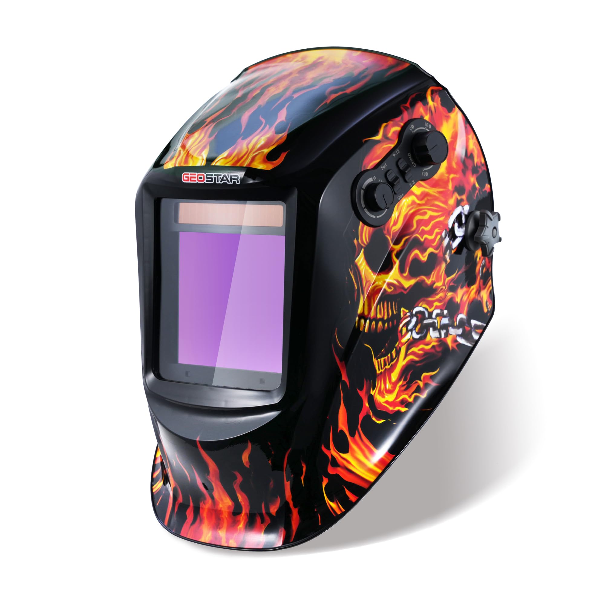 Auto Darkening Welding Helmet, Large Viewing 3.94"x3.46" True Color 4 Arc Sensors Welding Hood, Solar/Battery Powered Welding Mask, for TIG/MIG/ARC/Grind (Flaming Skull)