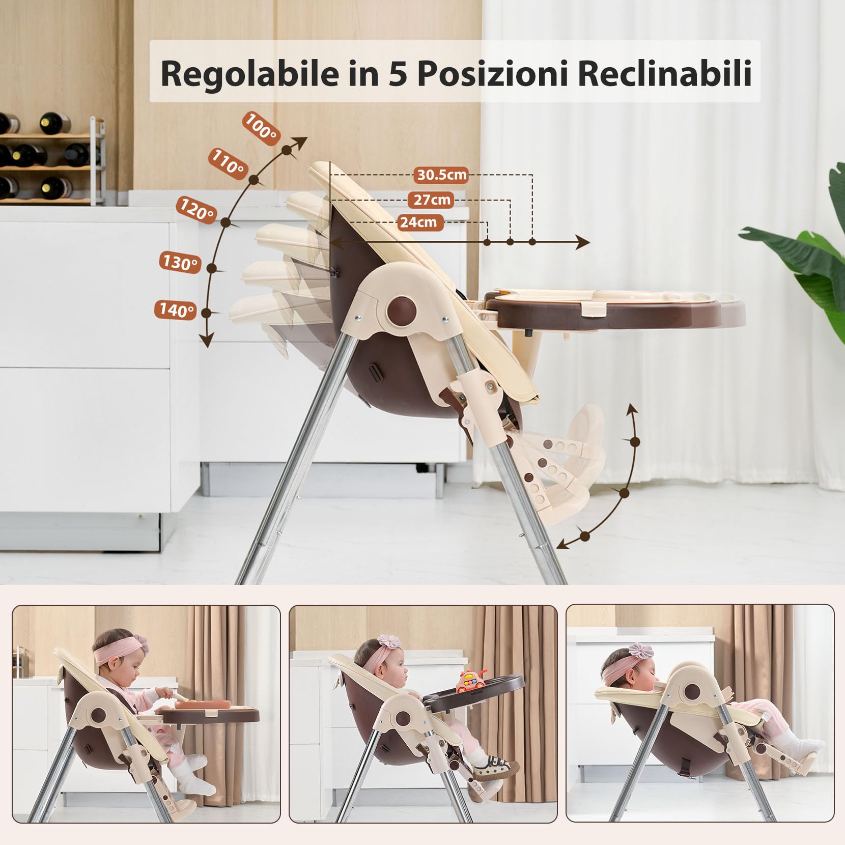 OUNUO Seggiolone Pappa, Seggiolino da Tavolo Pieghevole, Seggioline per bambini da 6 Mesi fino a 6 anni, Piatto da Cena Smontabile, Pedale e Schienale Regolabili in Altezza (Beige)